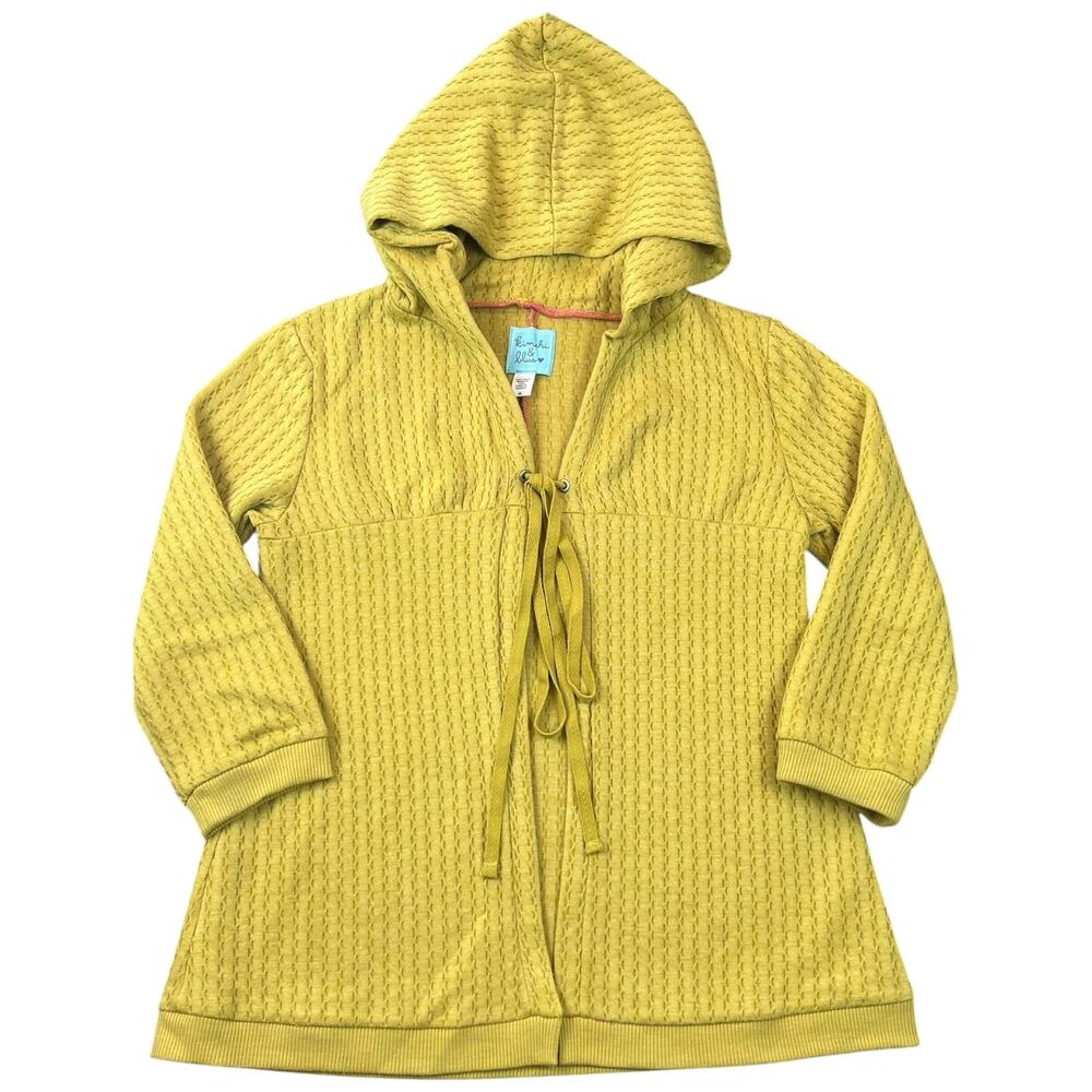 Kimchi & Blue Hooded Waffle Knit Tie Front Cardigan Chartreuse 3/4 Sleeve - S